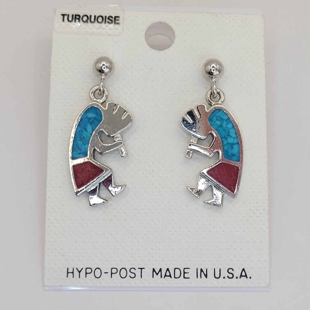 Kokopelli Silver Inlaid Crushed Turquoise Coral Hypoallergenic Dangle Earrings